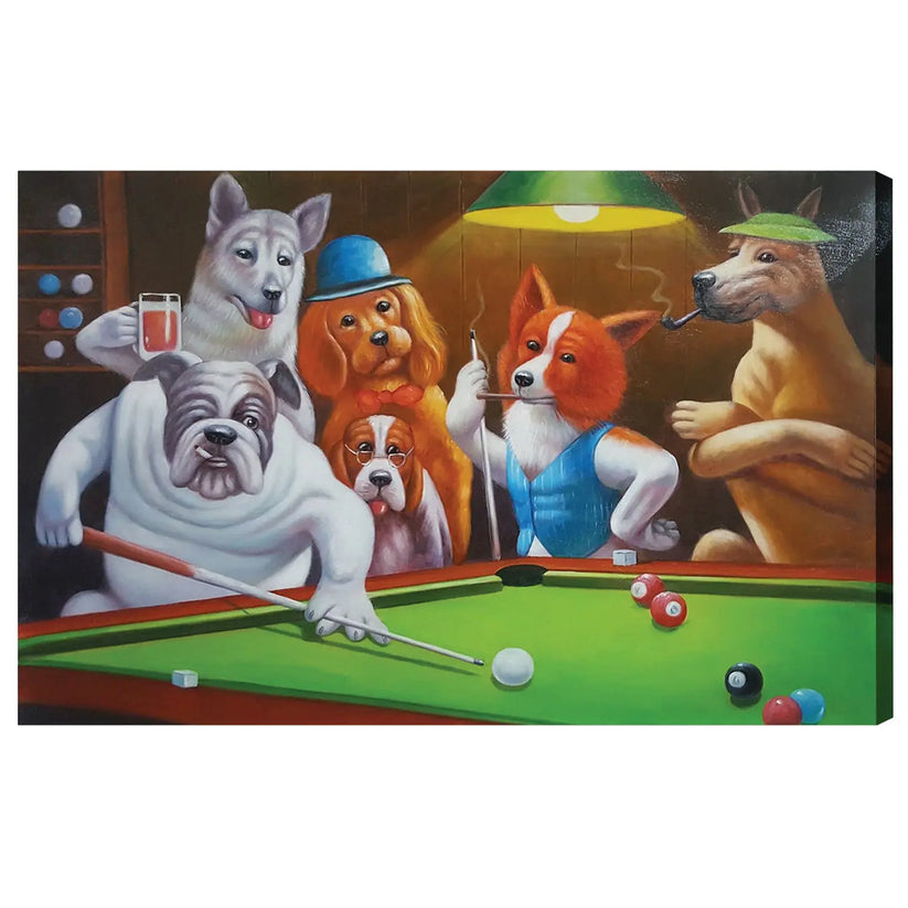 Peinture à l'Huile Sur Toile - Chiens Jouant Au Billard